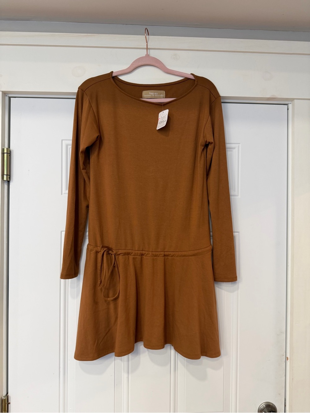 Free People Long-Sleeve Drop Tie-Waist Dress in Rust Brown